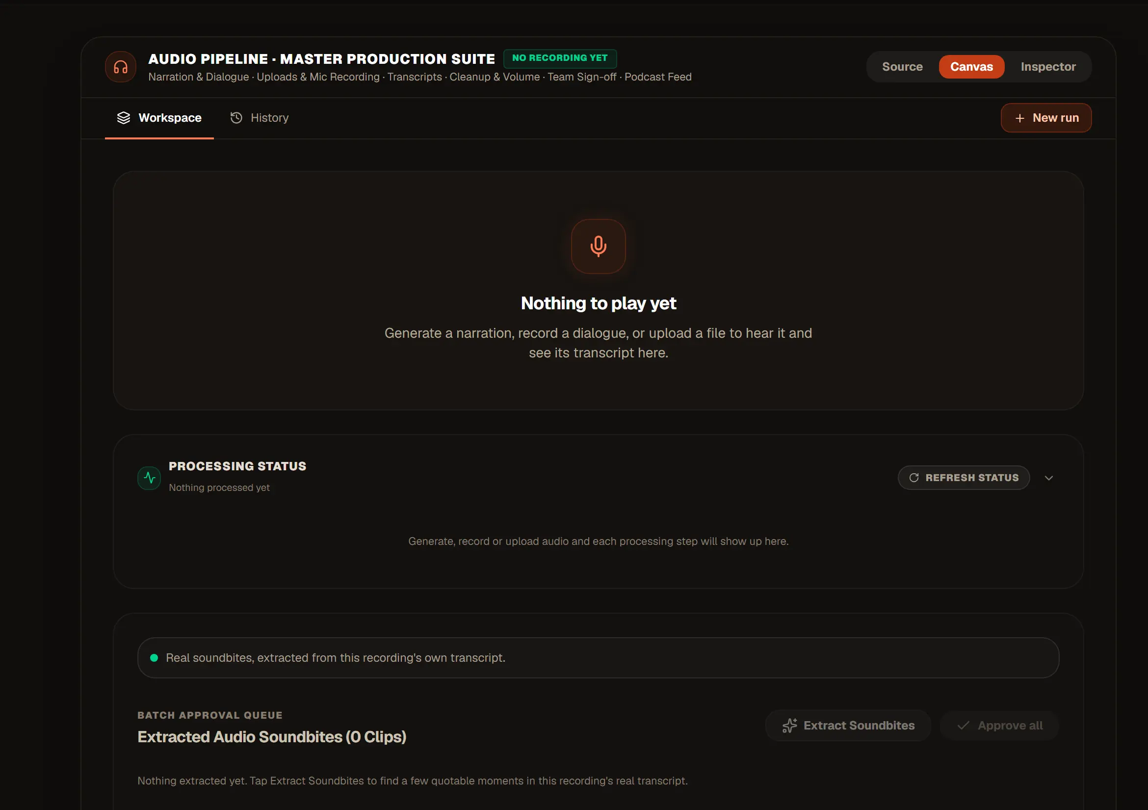 Recast's audio studio: a place to write or upload, a player, and the steps the recording goes through.