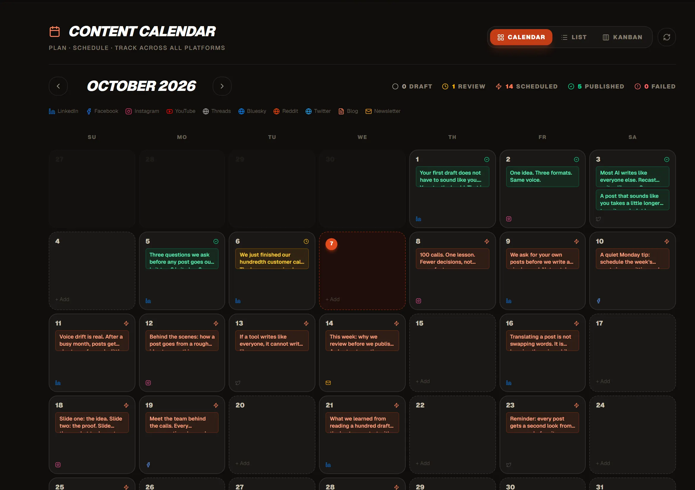 Recast's content calendar for October, with posts placed on the days they will go out.