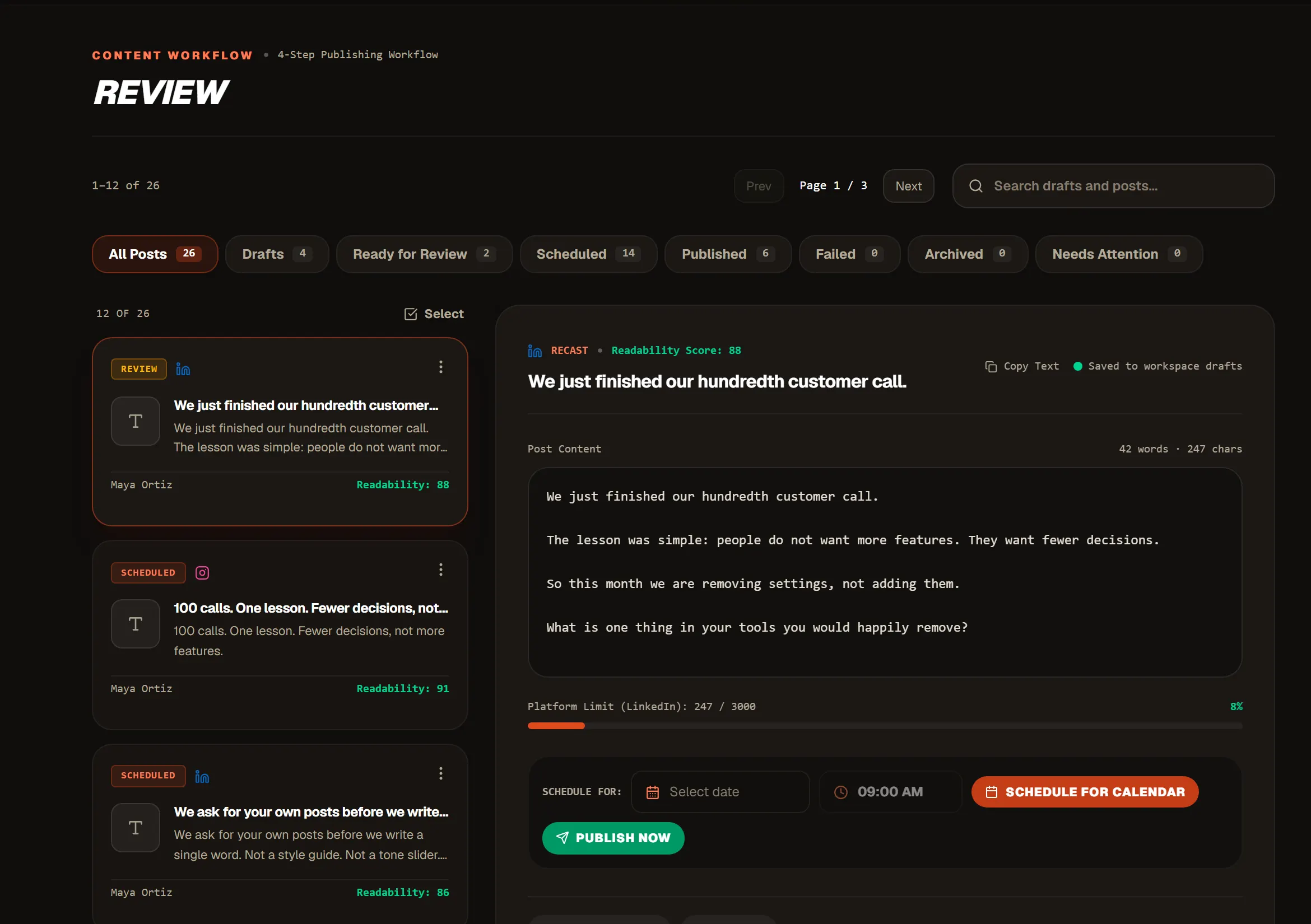 Recast's review screen: a list of drafts and scheduled posts on the left, and the chosen LinkedIn post open on the right with its text, length and a schedule bar.