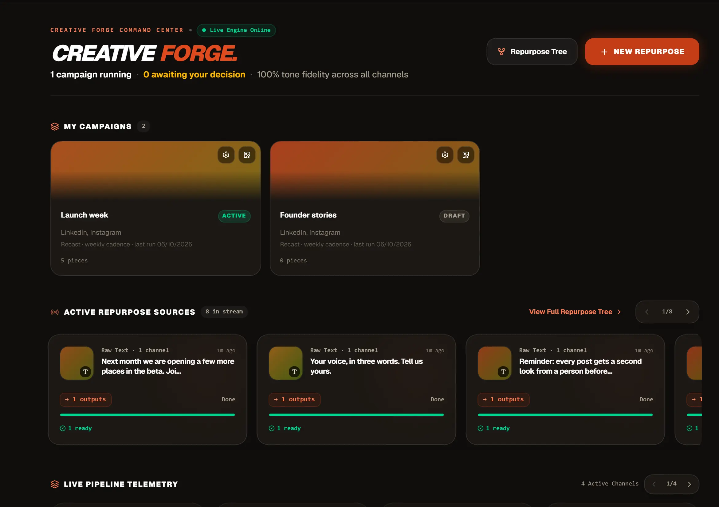 Recast's campaign center: your campaigns as cards, and the sources they are built from.