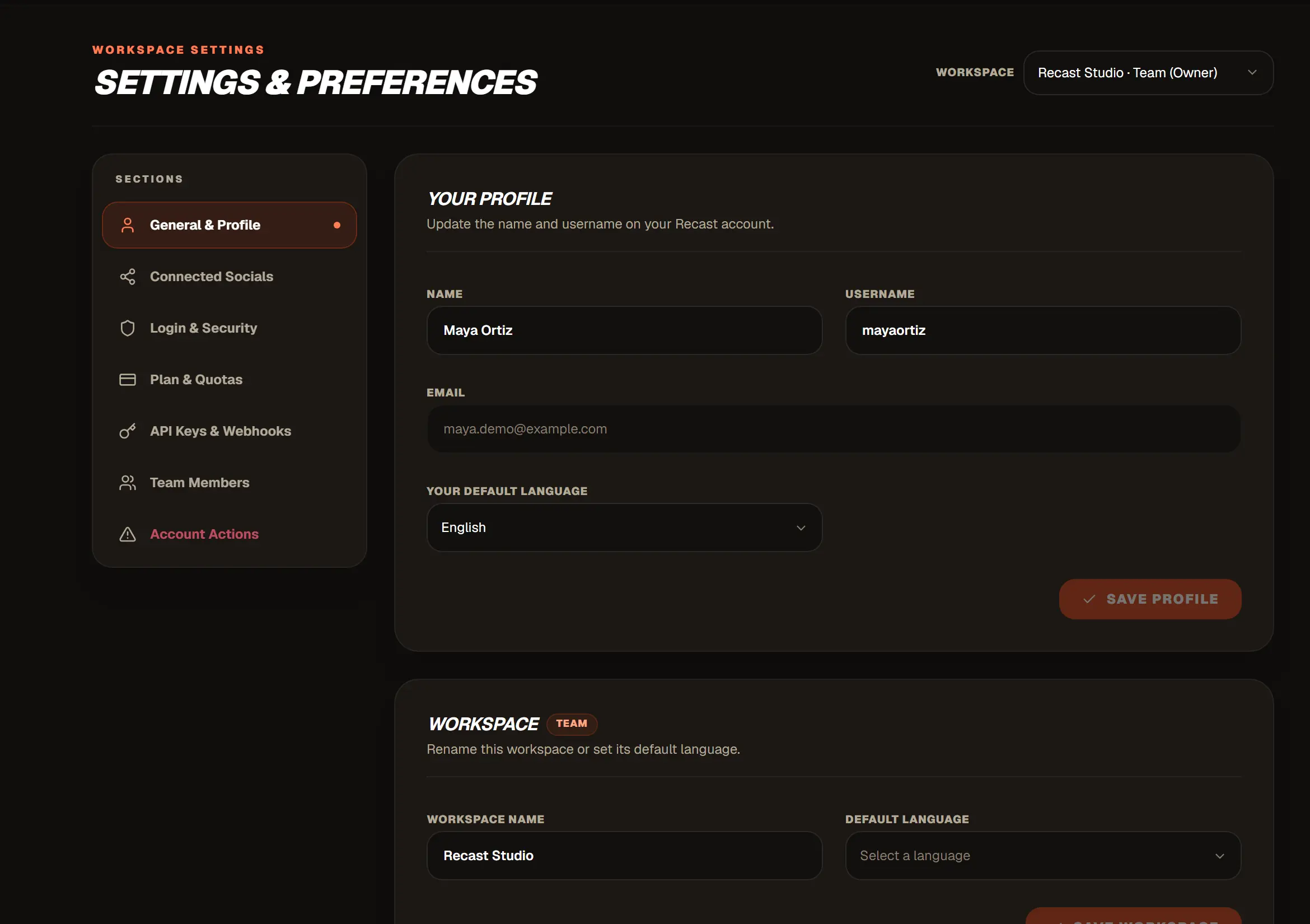 Recast's settings: your profile, connected accounts, plan and team members.