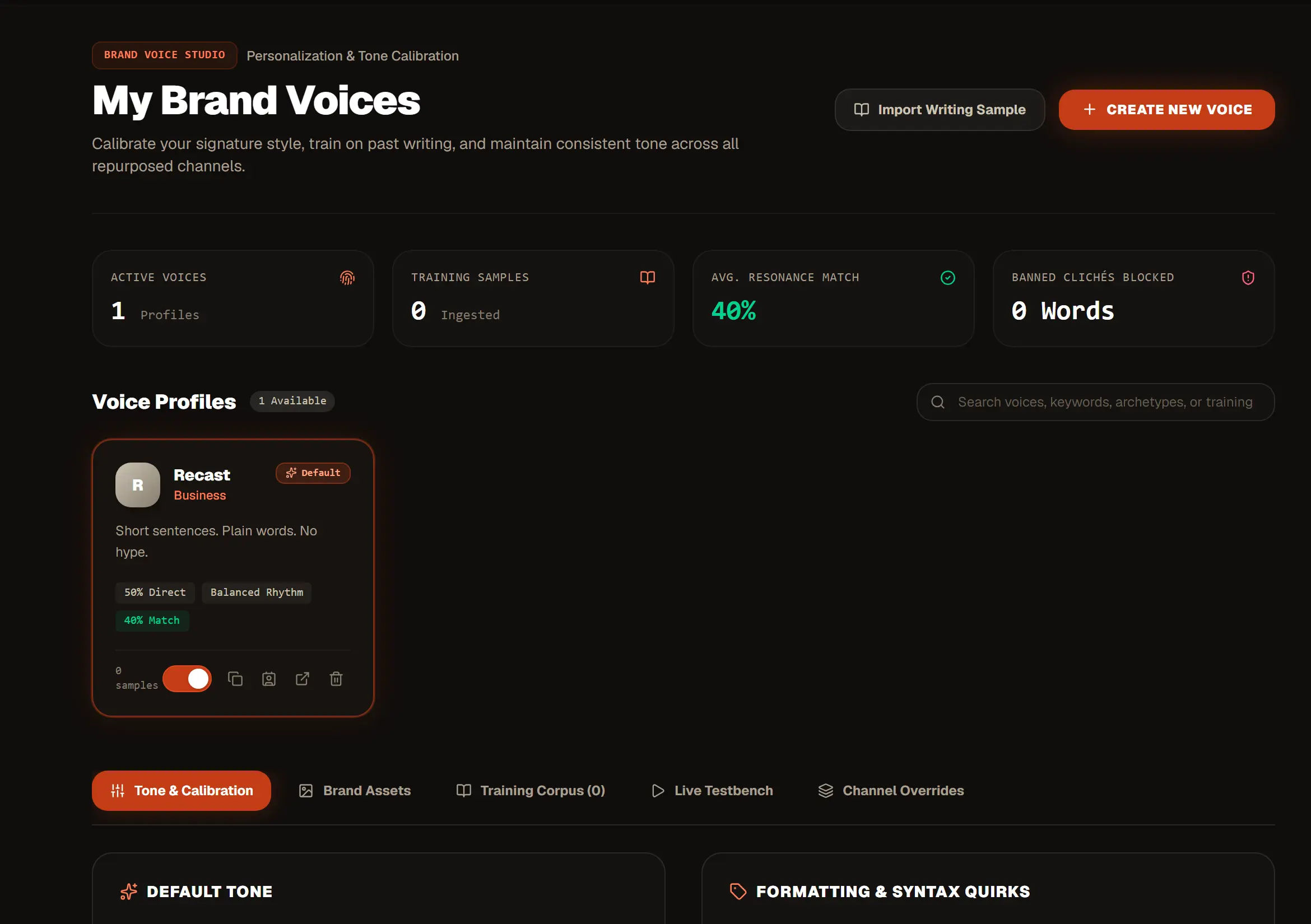 Recast's brand voice screen: a voice profile with its traits, and tabs for tone, assets and a live testbench.